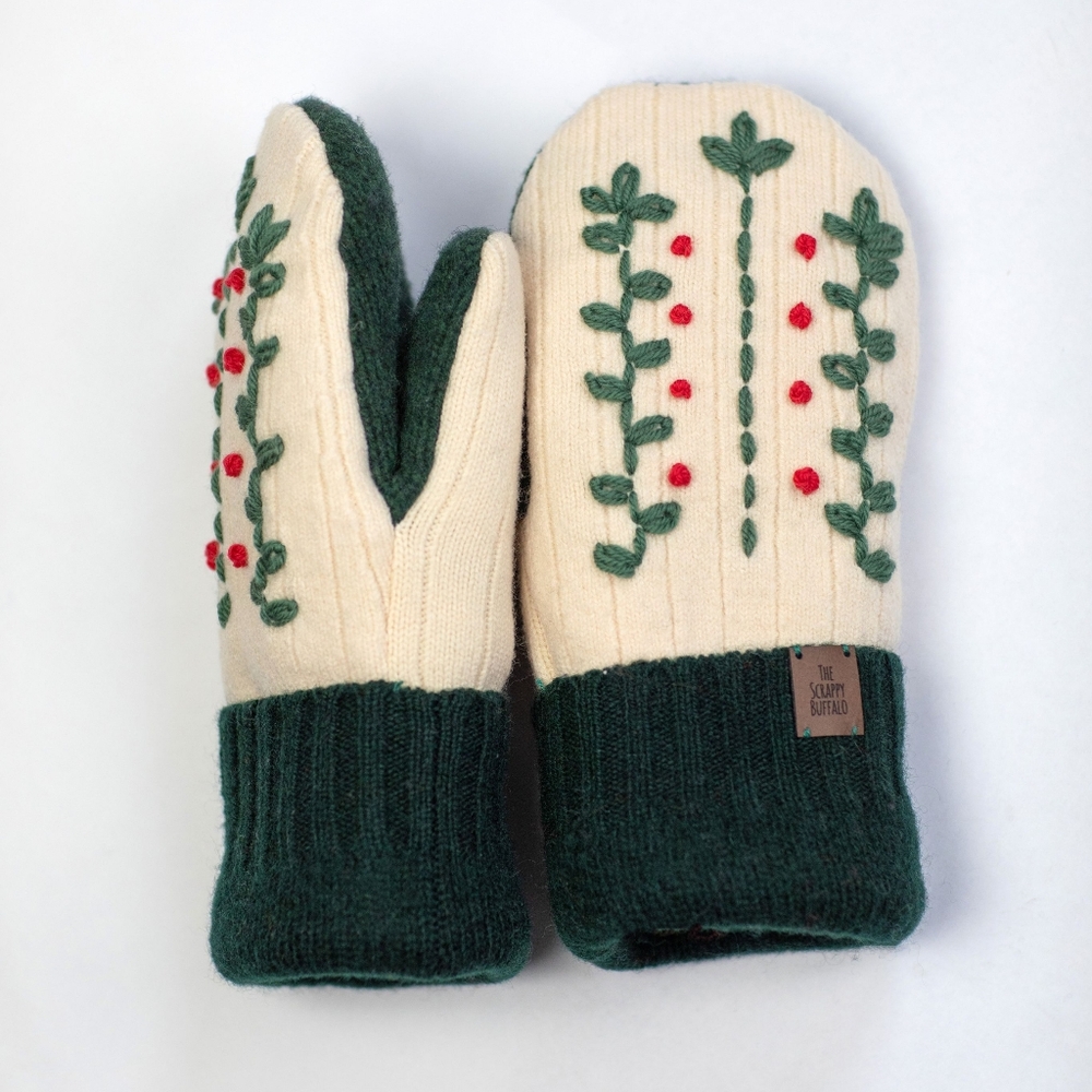 Upcycled Hand Embroidered Green Red and Ivory Wool Sweater Mittens M/L